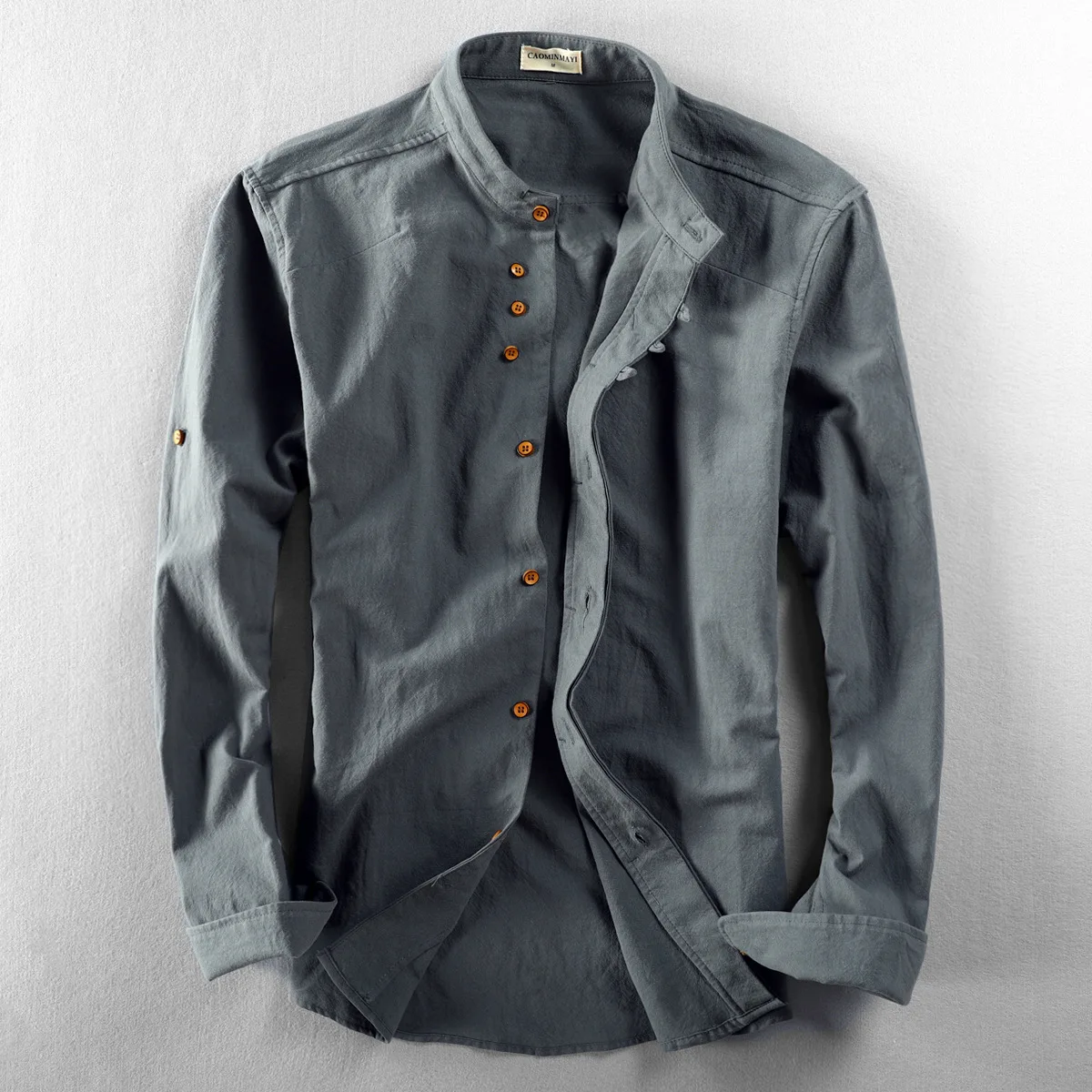 Mens Linen Cotton Shirt Japan Style Harajuku Stand Collar Long Sleeve Slim Fit Solid Color Casual Breathable Classical Tops Male