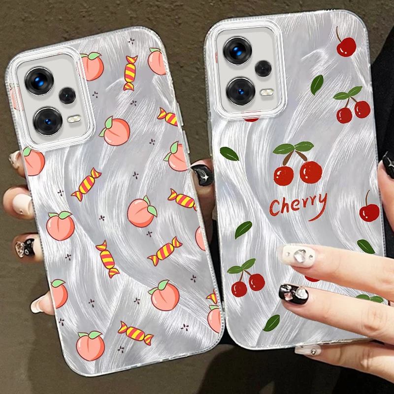 

Fruit Peach Cherry Printing For Xiaomi Redmi Note 13 12 11 11S 10 10S 9 9S 8 Pro Plus Max 5G Feather Yarn Cover Phone Case