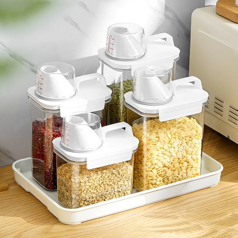 Kitchen Food Storage Box Rice Storage Bucket Dispenser Sealed Grain Jar with Measuring Cup Washing Powder Liquid Container Box