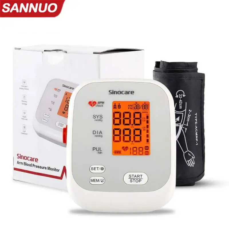 

Sinocare Blood Pressure Monitor Upper Arm Tensiometer Automatic Digital BP Machine Sphygmomanometer Heart Rate Pulse 2x90 Memory