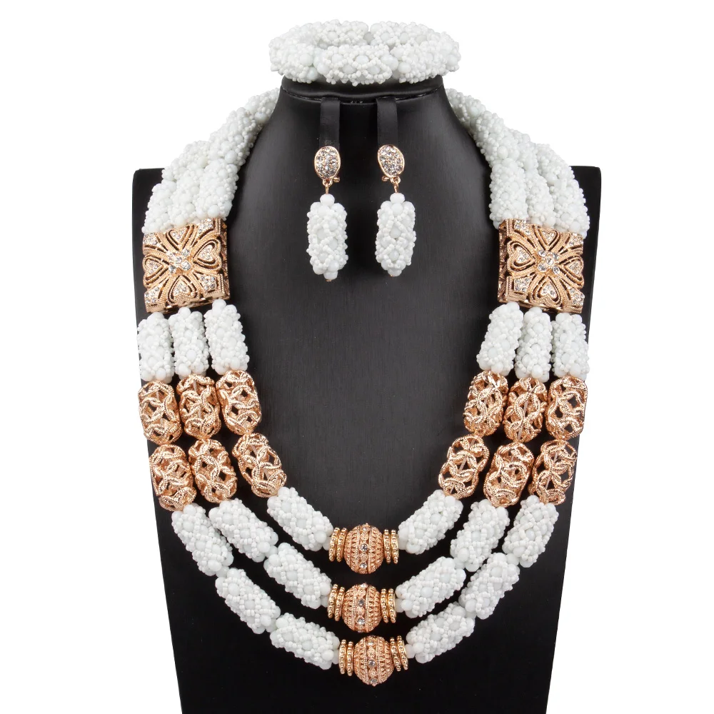 

Fashion Gold White Jewelry Women African Nigerian Wedding Jewelry Sets Colorful Bead Pendant Statement Necklace Set BrideABG218