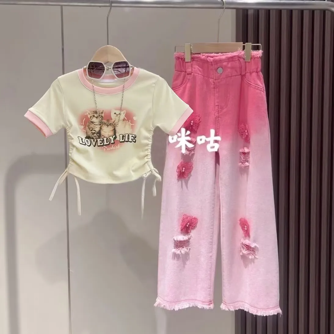 

Retail New Baby Girls Teenage Summer Sets, Cartoon T-shirt + Pants Fashion suits Girl 5-10T