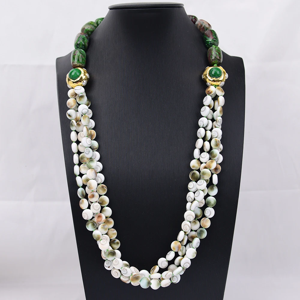 G-G 4 Rows Big Jewelry Natural Mix Green Mexican Crazy Lace Agate Sun Clam Shell Coin Gold Plated Green Jade Necklace