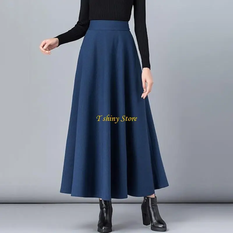

N58F Women's Skirt Warm Elastic Waist Wool A-Line Pleated Color Winter Long Skirts