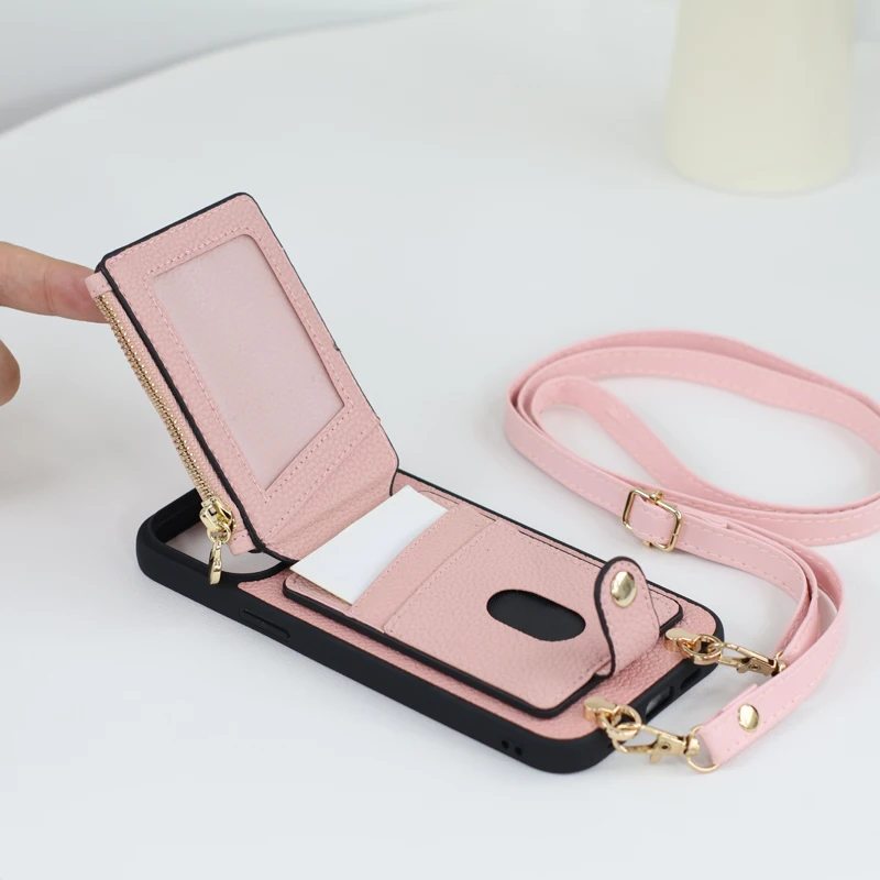 Pink Zipper Card Case Crossbody Leather Lens Full Case for Apple IPhone 15/14/13/12/11 Plus/Pro/Pro Max Series,Easy to Carry