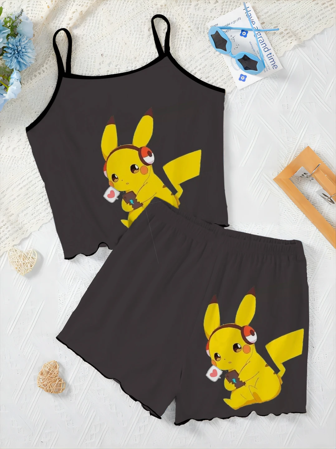 Women's Suit Short Sets Lettuce Trim Top T-shirt Pajama Skirt Slip Dress Pikachu Pokémon Pieces Elegant Home Dress Top Matching