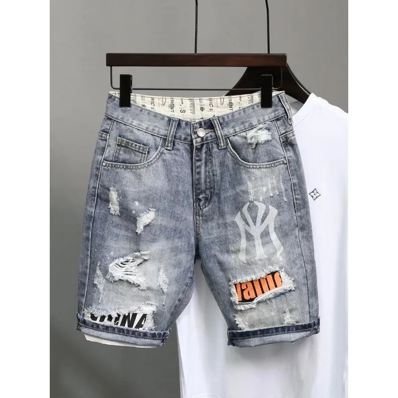 Light Colored Ripped Short Pants Korean Version Five Point Horse Pants Trendy Men\'s Clothing Personality Handsome Jeans