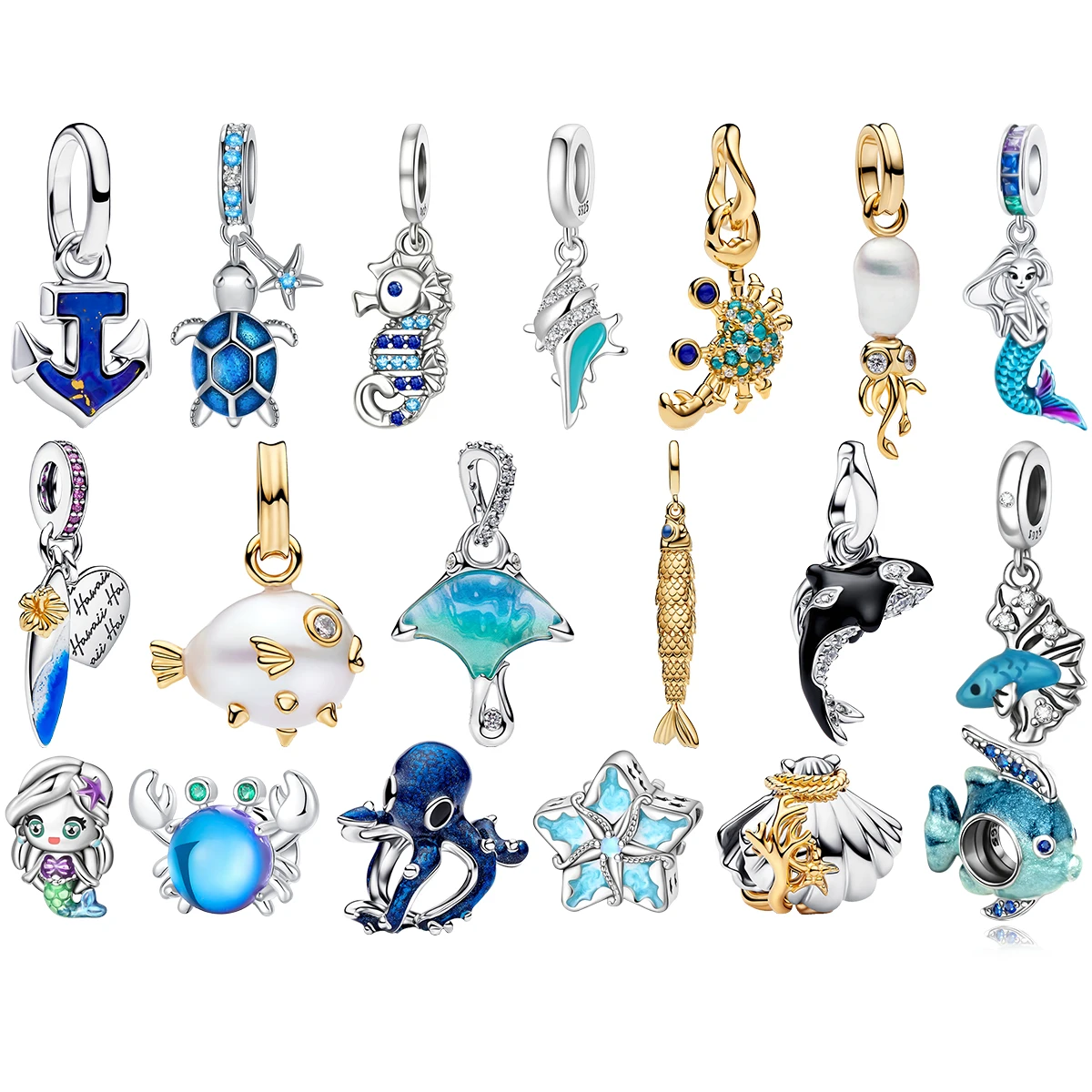 S925 Silver Ocean Animal Main Photo Pendant Beads Anchor Seahorse Conch Mermaid Starfish Stingray Surfboard Shell Charm Jewelry