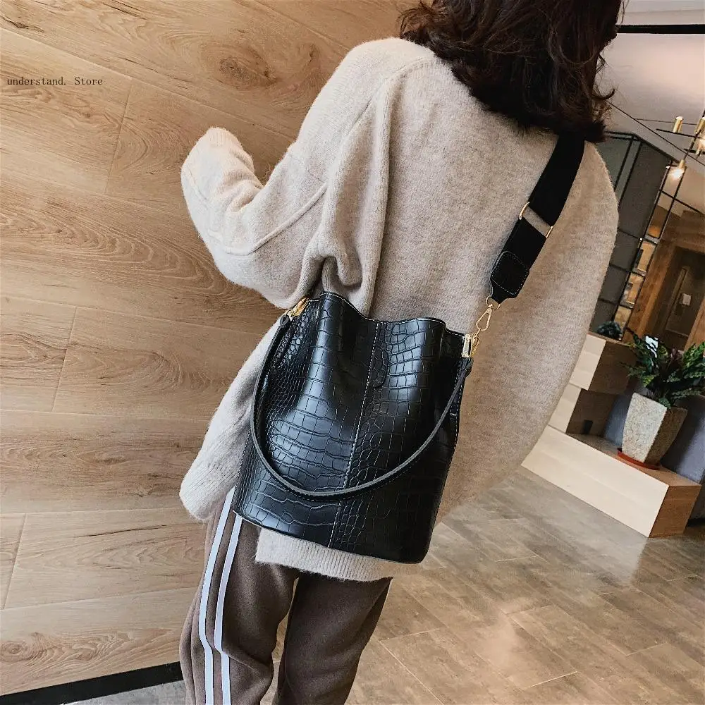 Shoulder Bag Fashion Handbags and Purses Bucket Vintage Leather Stone Pattern Crossbody Bags for Women