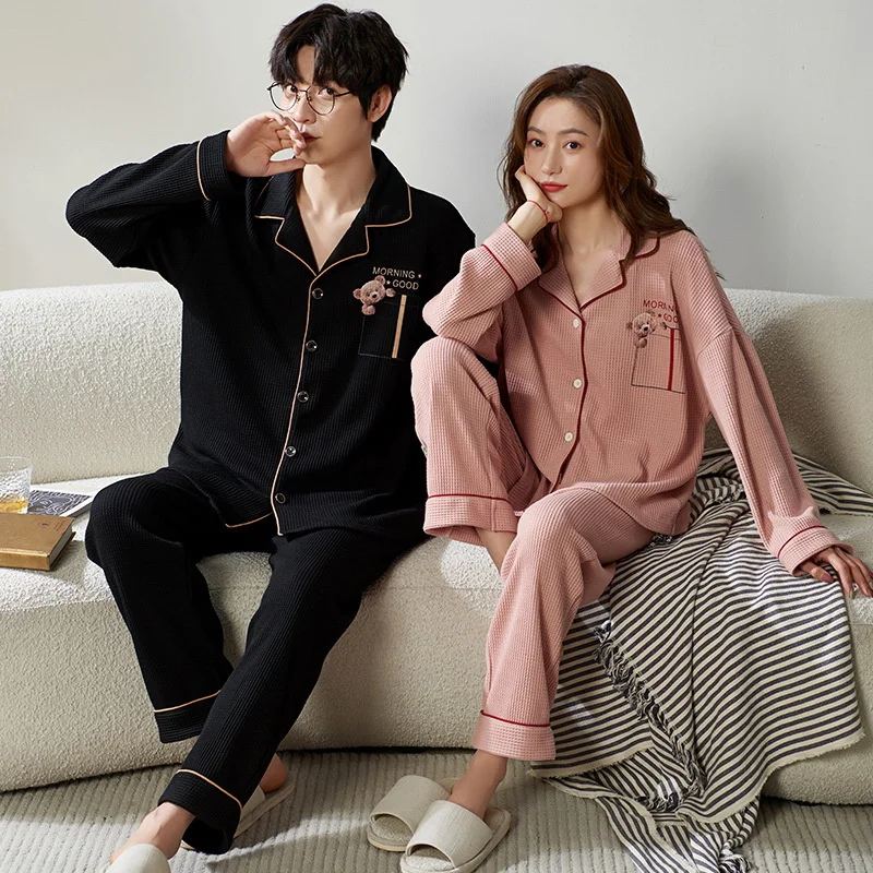 Spring Autumn Long-sleeved Korean Cardigan Cotton Sleepwear Two-piece Set Casual V-neck Cute Cartoon Loose Couples Pajamas