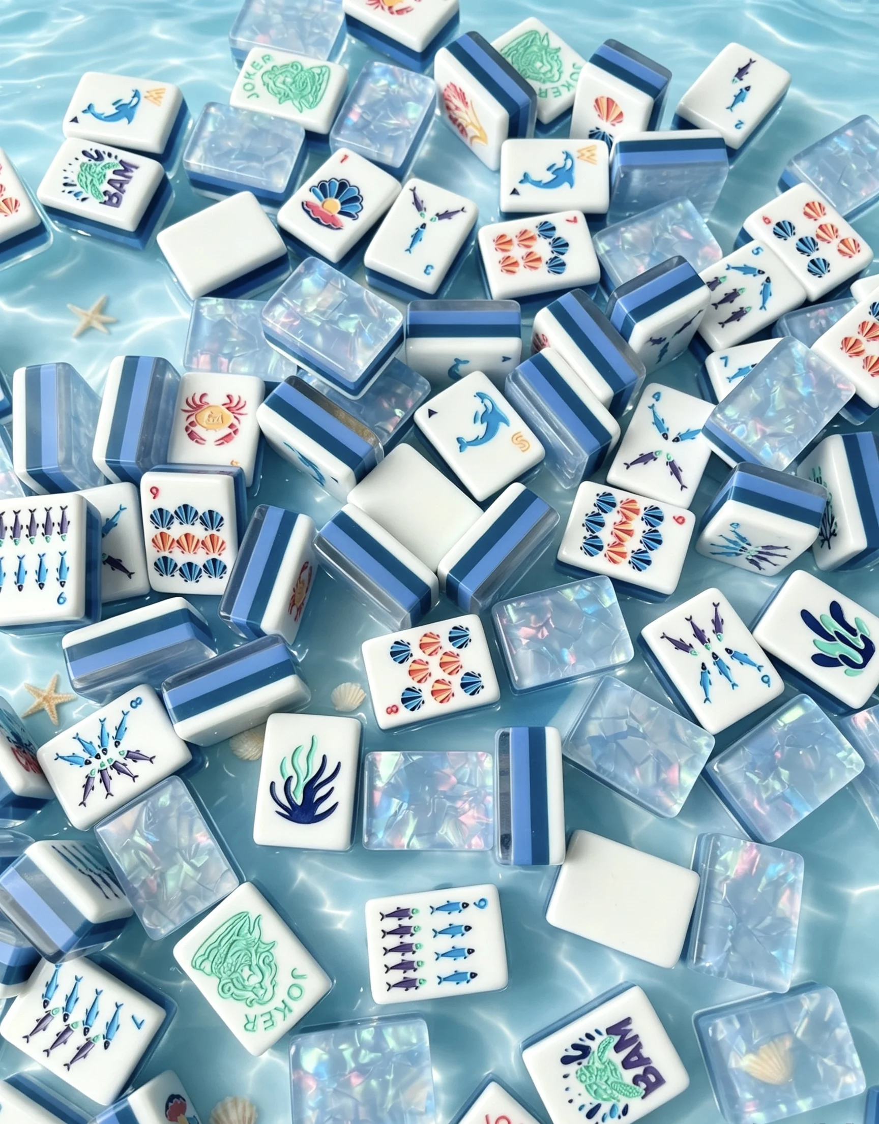 American Mahjong luxury Tiles Set 160 Ocean Theme Mah Jongg 4 Layer Acrylic Mermaid Joker Dolphin Crab Seashell Coral Board Game