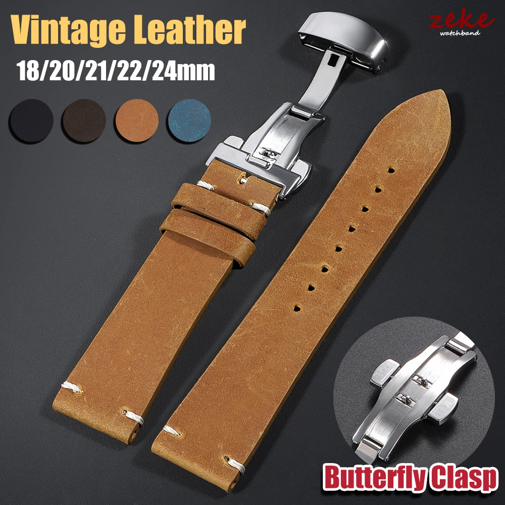 Stitching Genuine Leather Strap Butterfly Buckle Bracelet for Omega Vintage Brown Watch Band 18/20/21/22/24mm Watchband for Men