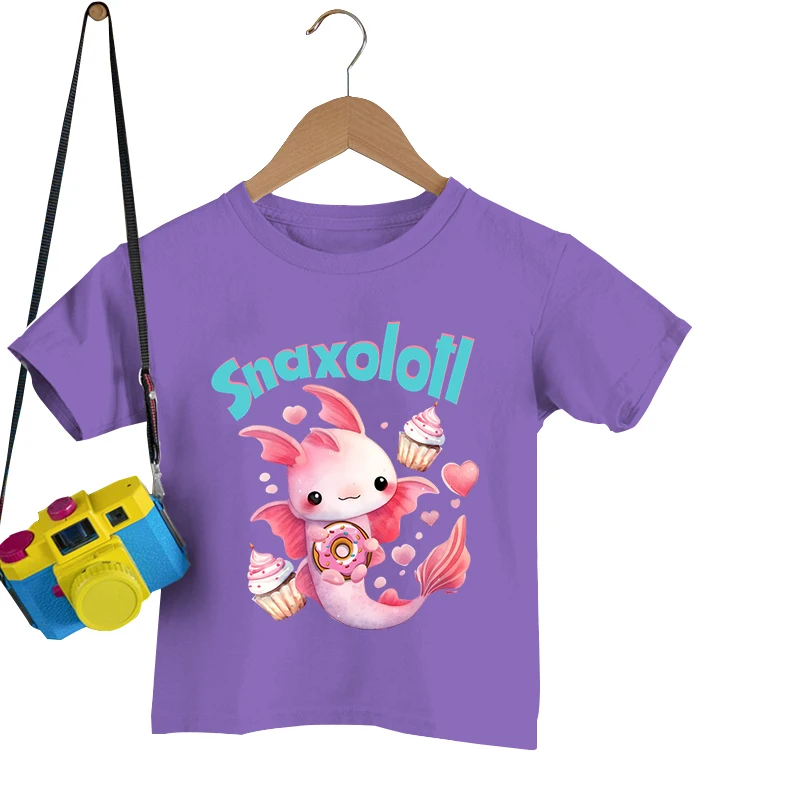 Cute Axolotl Snaxolotl Print Tee Shirts Children Boys Girls Summer T-shirts Cute Print Tops Round Neck Solid Color Tee Shirts