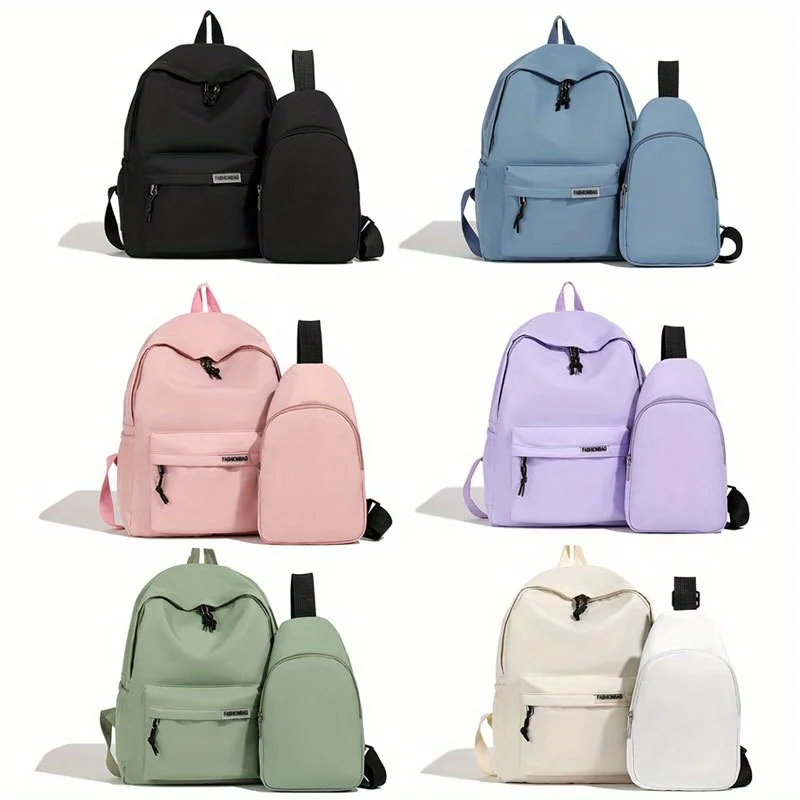 2pcs Bagset back to school Nylon Women Backpack Female Travel Bag Solid Color Large Capacity School Season Casual Schoolbag