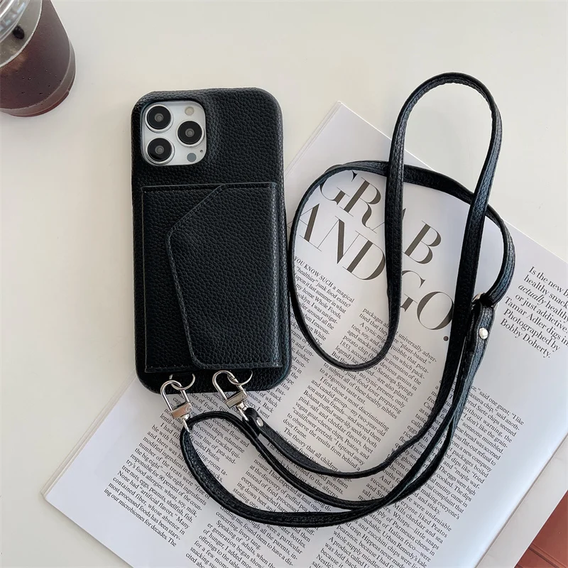 Trendy Crossbody lanyard leather wallet case for iPhone 16 17 15 16Pro 14 15pro 11 13 Pro Max 12 13pro makeup mirror phone bag