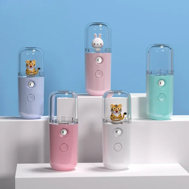 Cartoon Mini Facial Humidifier Face Nano Mist Blue Light Sprayer Make Up Skin Moisturizing Hydration Nebulizer Steamer Skin Care