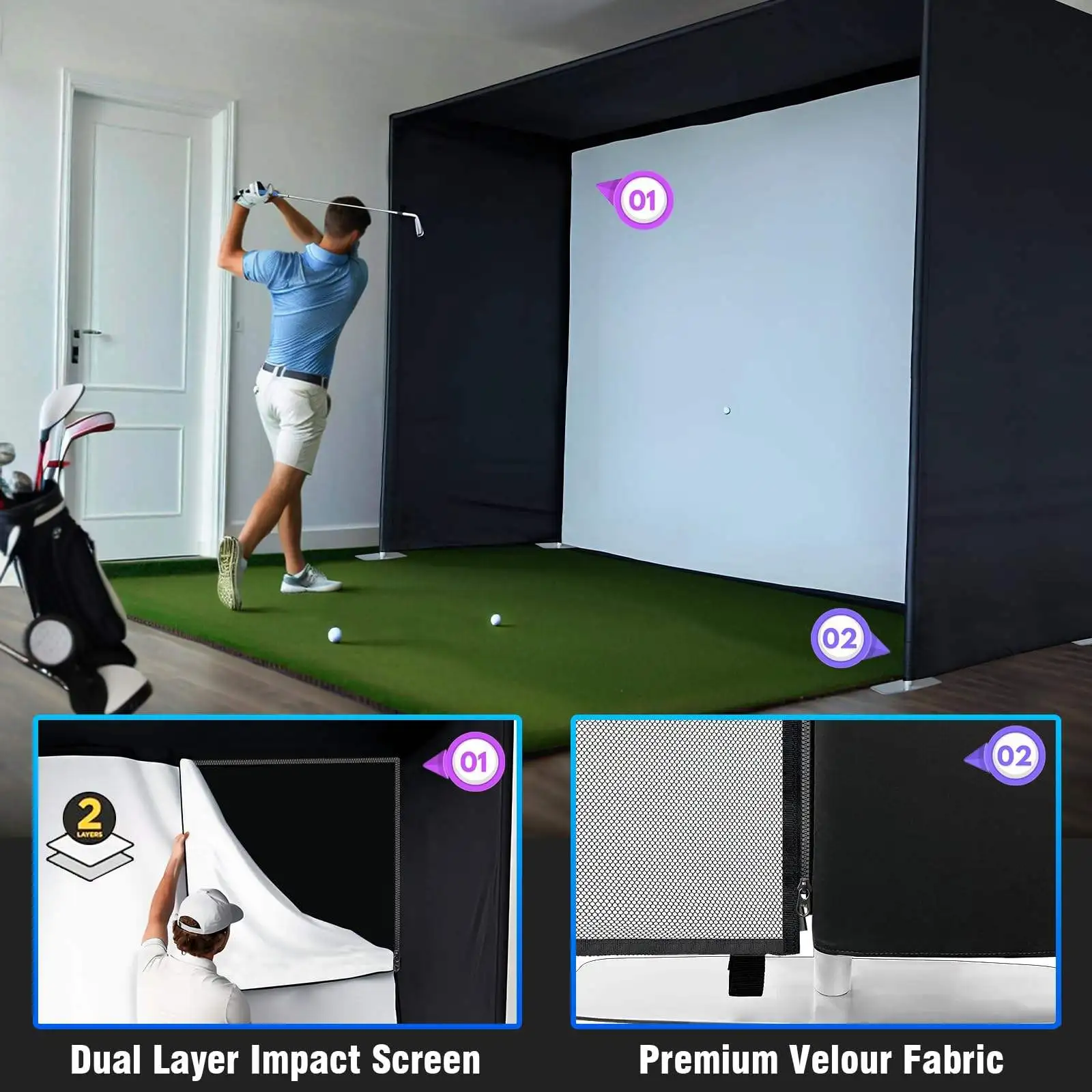 Hot Selling Golf Simulator Enclosure Nets 10 X 8 ft with HD Impact Display Screen for Indoor Outdoor Golf Practice