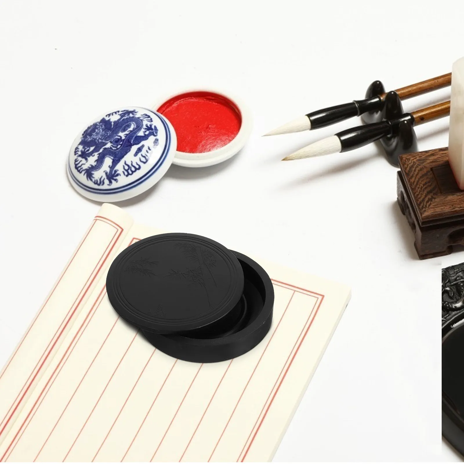 

Chinese Calligraphy Inkwell with Lid Functional Ink Tray for Writing Drawing Natural Stone Texture Surface Spill Proof Storage