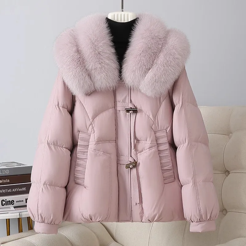 2024 Winter New 90 %White Goose Down Jacket Women's High end Luxury Fox Fur collar Women Short Down Coat Thicken Parker Overcoat