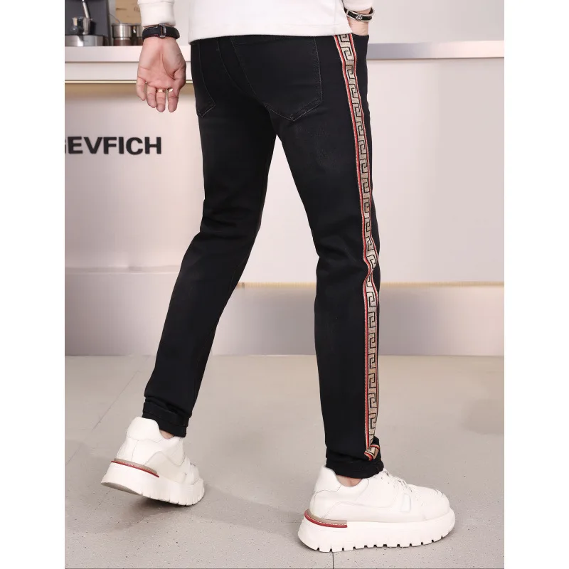 Affordable luxury fashion stripe braid black jeans for men 2024 new autumn and winter slim fit tapered casual pants