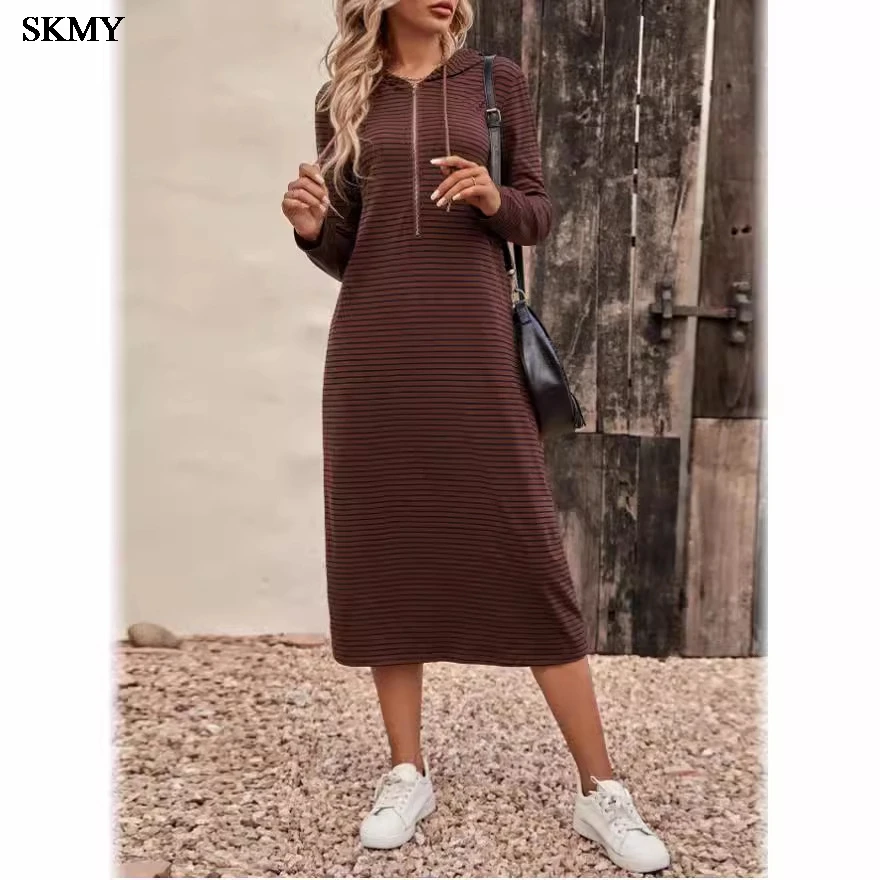 فستان SKMY 2024 نسائي ربيعي مخطط بقلنسوة بقصة ضيقة وأكمام طويلة D?ugie Suknie