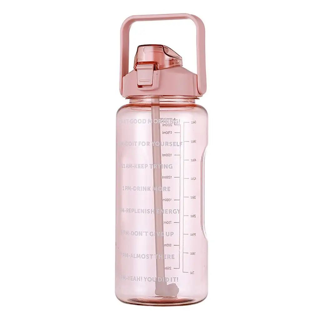 Portable Sports Straw Water Bottle With Time Marker 2L Large Capacity Water Cup Water Jug With Handle