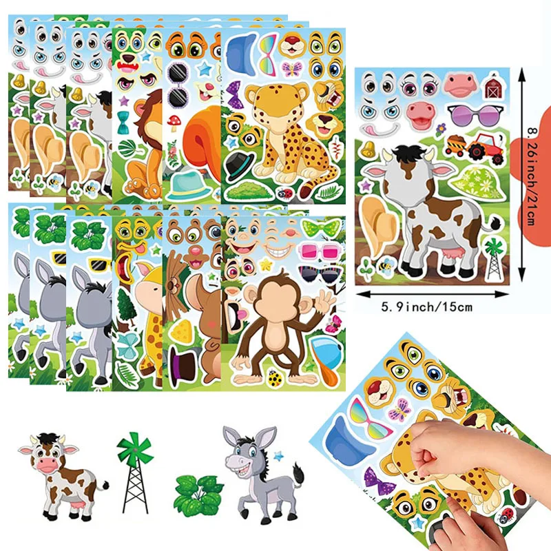 Cartoon Jungle Animal naklejki dla dzieci maluch stwórz własne zwierzę Make-a-face arkusze naklejek dzieci Puzzle DIY układanki