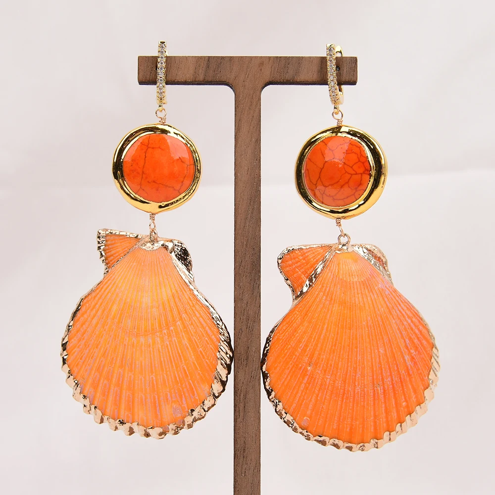 GG Gold Plated Orange Turquoise Sector Shell Dangle Cz Hook Earrings