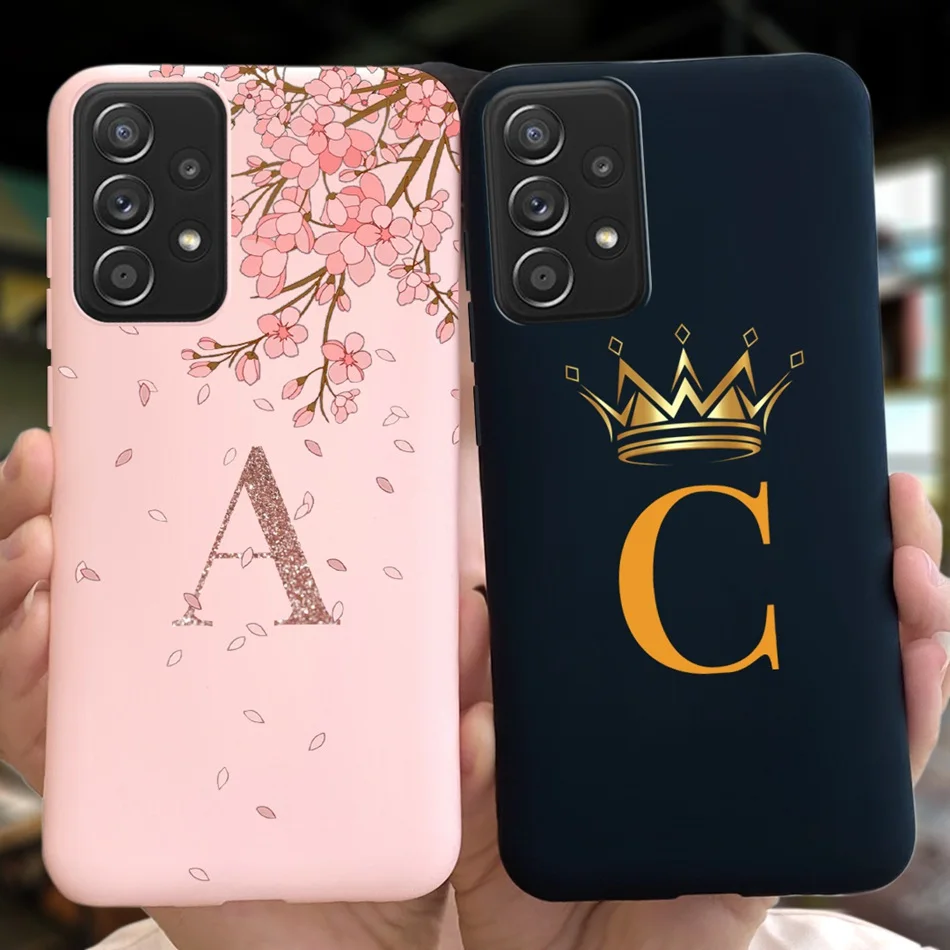 Fashion Crown Initial Letter Case For Samsung Galaxy A33 A53 A73 A13 5G Pink Flower Soft Silicone Cover Cases For Samsung A33 5G