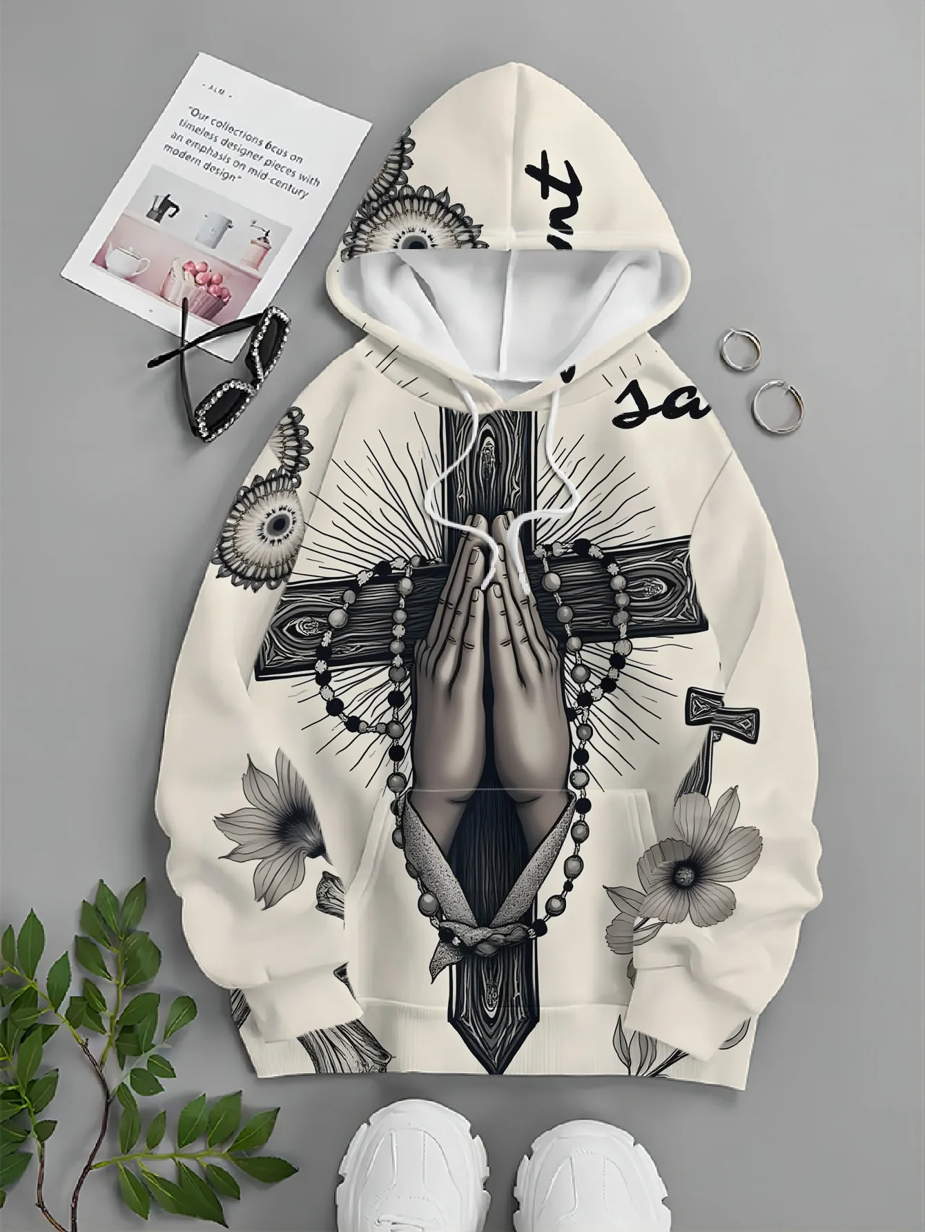 Men Praying Hands Cross Rosary Floral Tattoo Print Hoodie Off White Base Long Sleeve Religious Street Pullover Sweatshirt