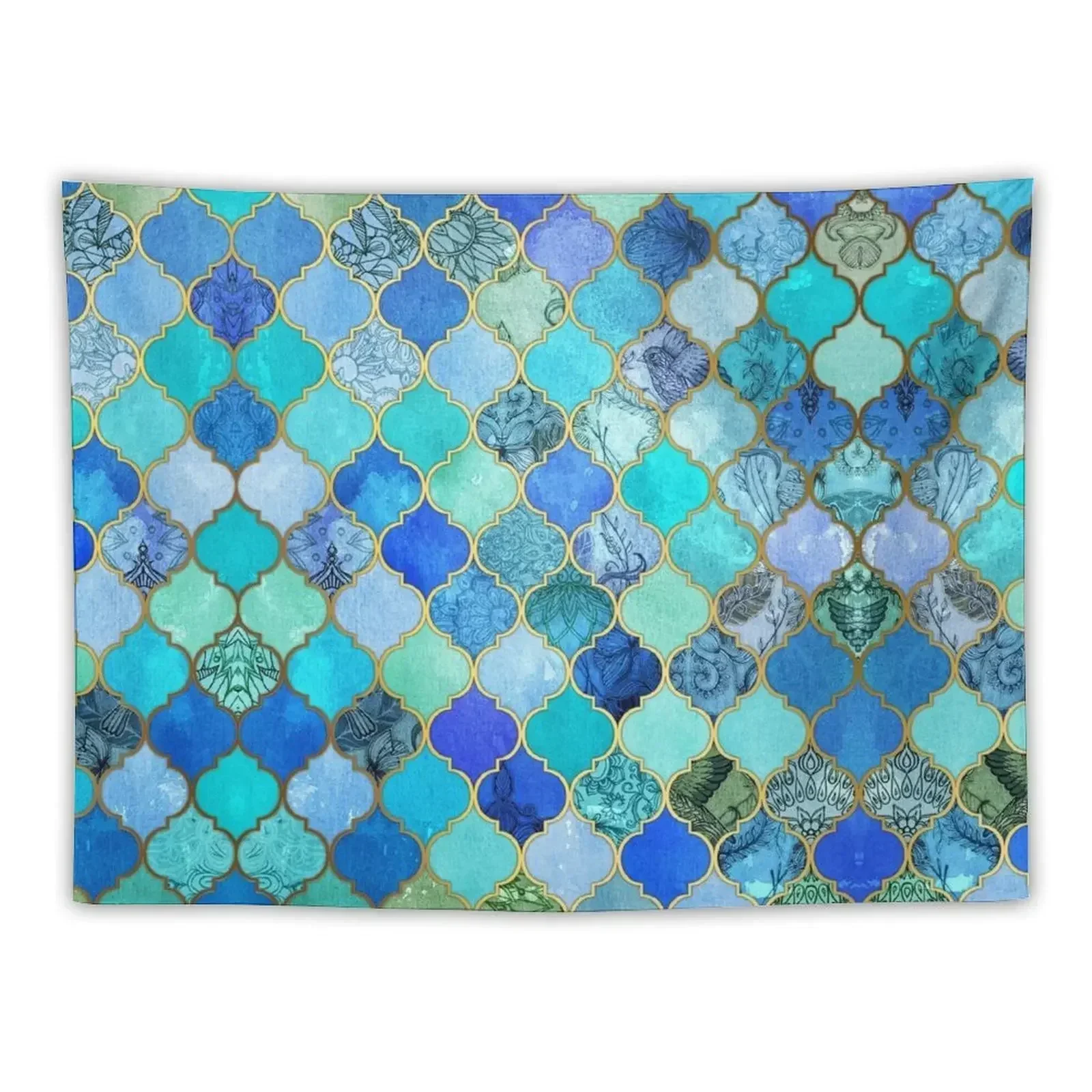 

Cobalt Blue, Aqua & Gold Decorative Moroccan Tile Pattern Tapestry Room Decor Aesthetic Decor For Room Tapestry