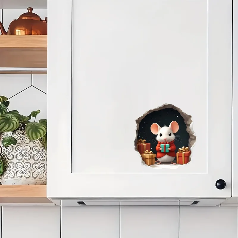 VIKAMA Cat Watching Santa Mouse Stocking Wall Sticker Brick Wall Xmas Self-Adhesive Decor for Living Room Bedroom Dorm