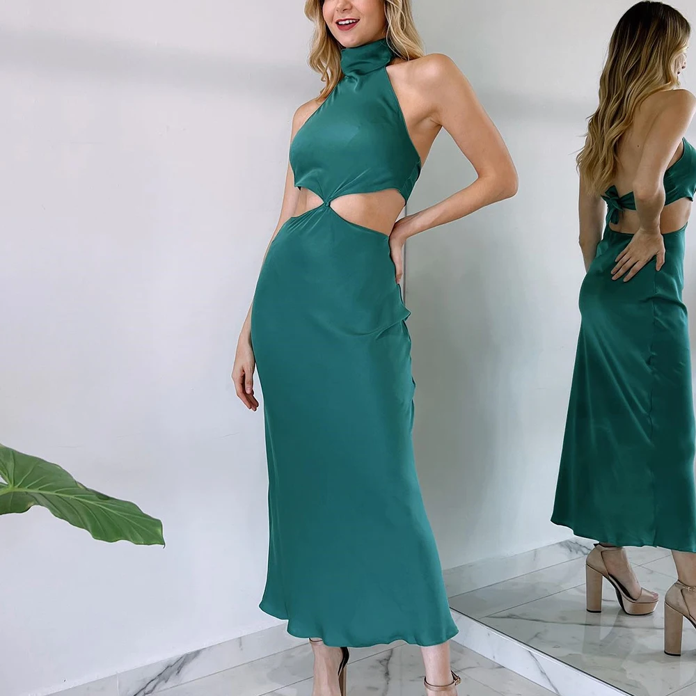 

Open Back Formal Green Pleats Evening Dress Classic Sleeveless Satin High Neckline Ankle Length Straight Saudi Arabia 2024