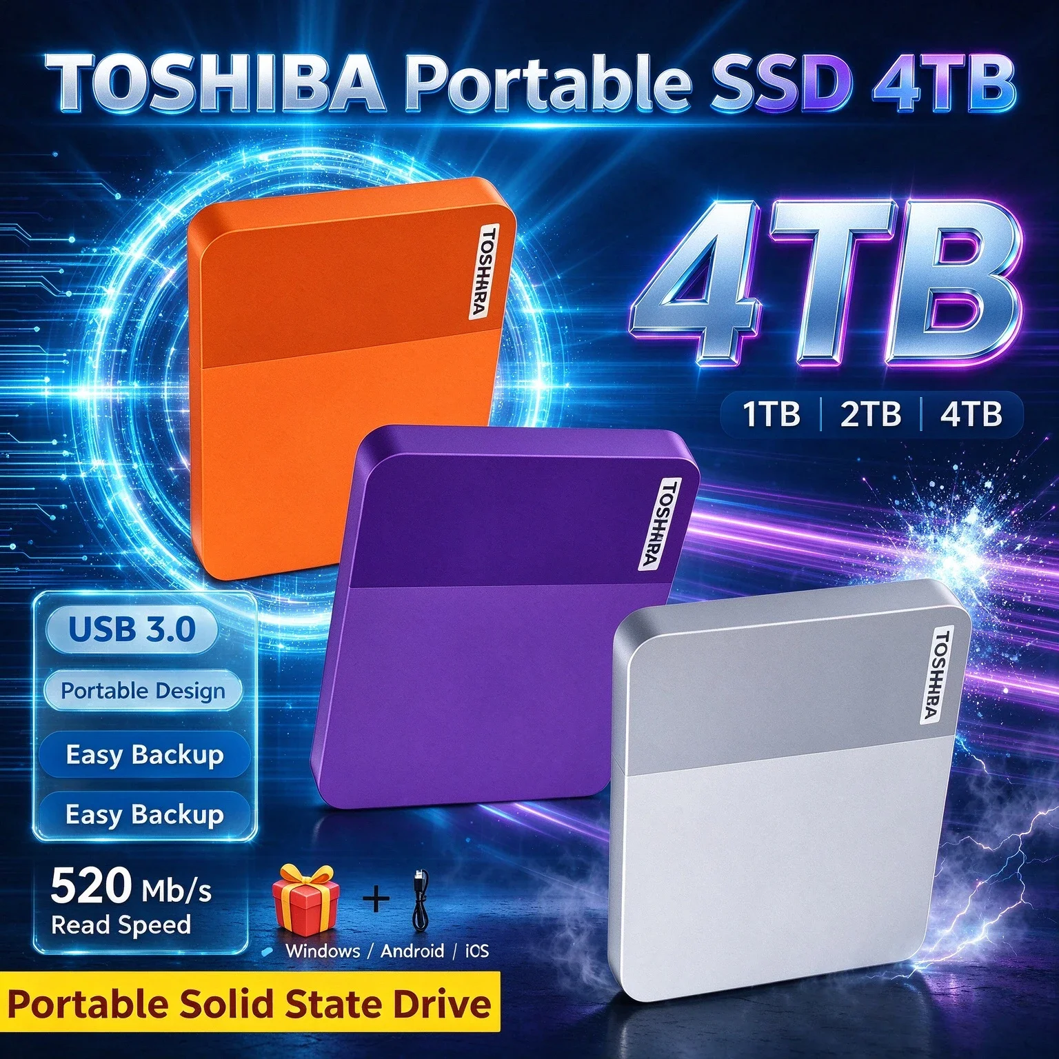 High Speed B3 4TB  Portable External Hard Drive Multi-color Storage Disk  For Laptop Mac Android Phone Mobile Data Backup