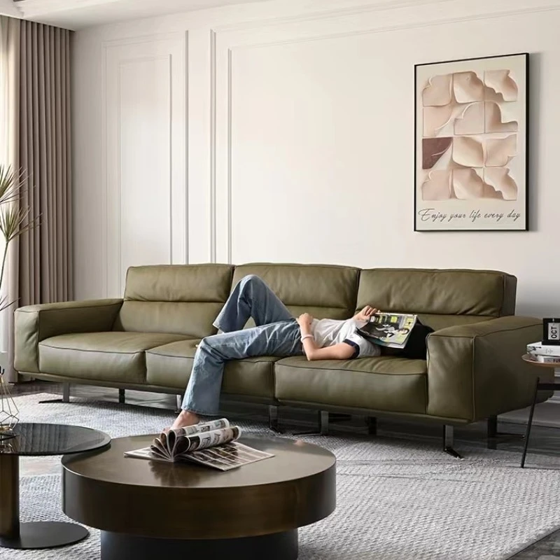 

Modern Italian Minimalist Living Room Straight-Line Sofa, Three-Seater, Down-Filled, Top-Layer Genuine Leather, Block-Shaped Fab