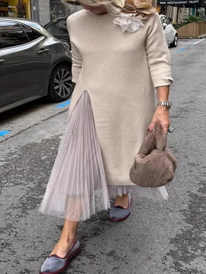 

Женское трикотажное платье с длинным рукавом и юбкой, модное, с высокой талией, миди, повседневное, силуэт H-образной формы