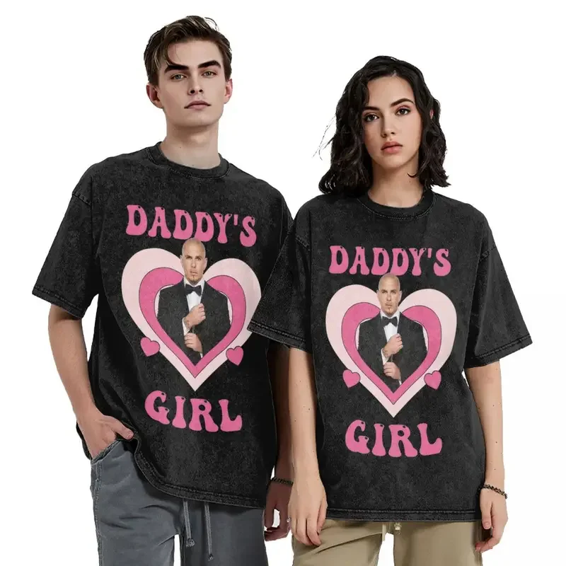 Daddys Girl Pitbull Mr Worldwide Washed T Shirt Streetwear Hip Hop Vintage T-Shirt Tee Shirt for Men Women 100% Cotton Printed