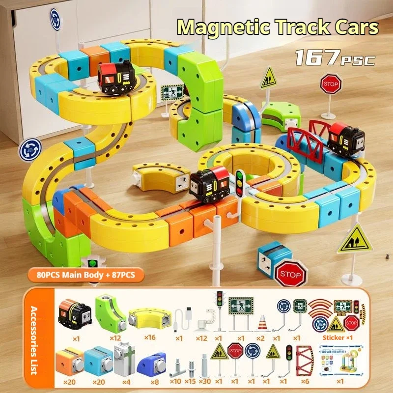 STEM Educational Magnetic Building Blocks Train Set with Easy-Connect Tracks DIY Learning Toy for Kids Play Vehicles & Models