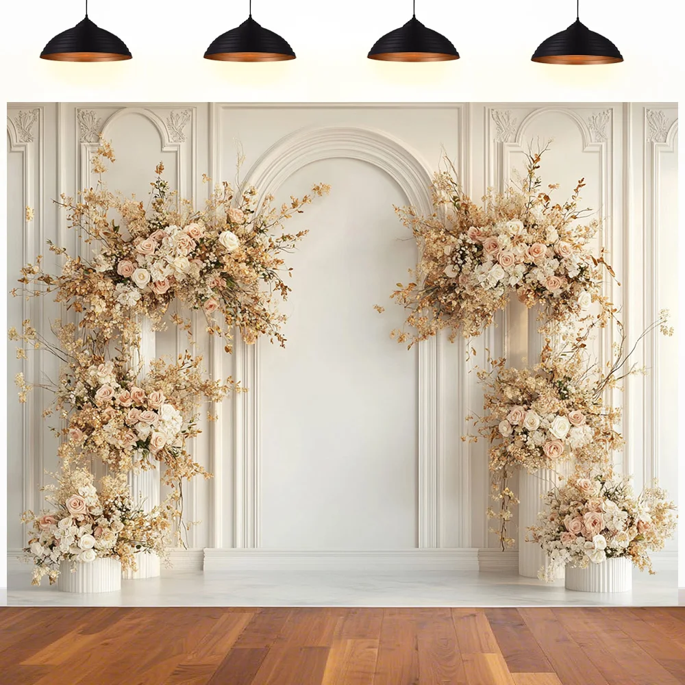 

Wedding Theme Background flower plant Solid color Decorations white curtain banquet dinner party Photography booth