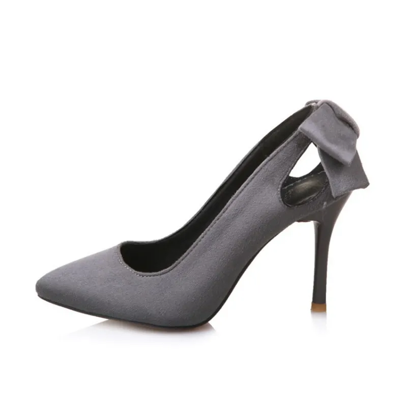 Women Cross Dresser Pumps Super High Heels Shoes 9cm Pointy Toe Flock Back Bow Sexy Slip-On Grey Pink Black Stilettos 32-43 25cm