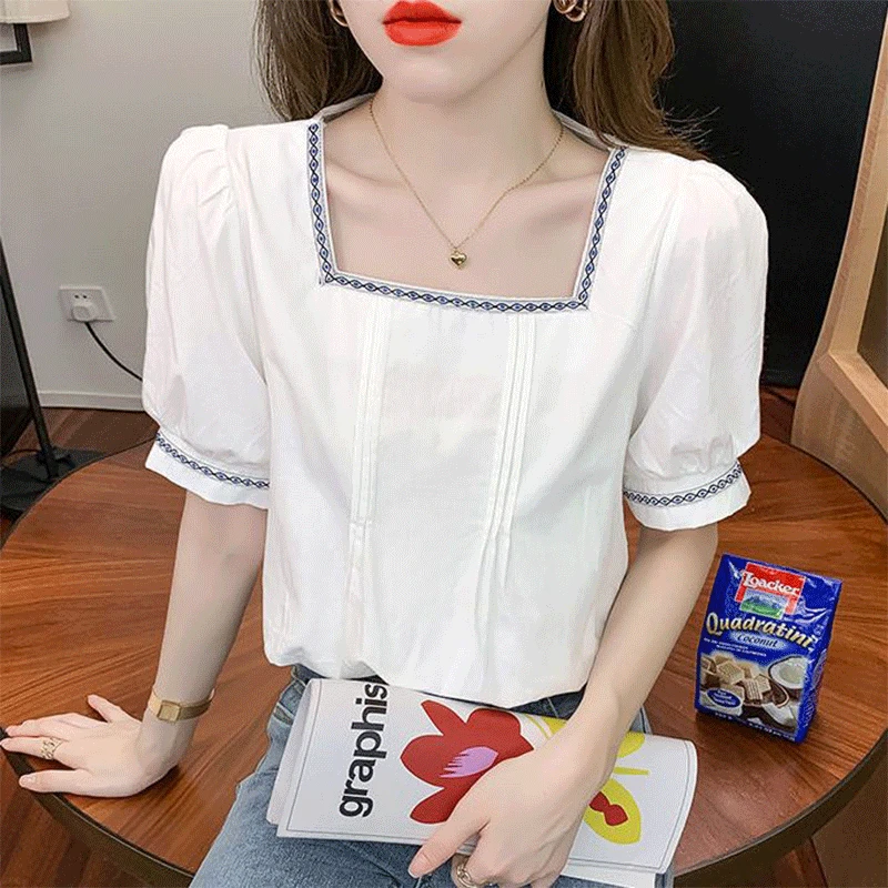 2024 New Summer French Women\'s Shirt Loose Casual Sweet Irregular Folds Splicing Solid The Square Collar Short Sleeve Chic Tops