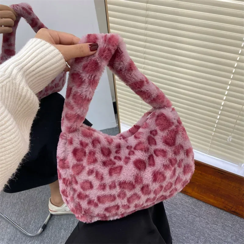 Retro Leopard Pattern Women's 2022 Soft Plush One Shoulder Women's Mini Shopping Bag Winter Warm Fluffy Handbag