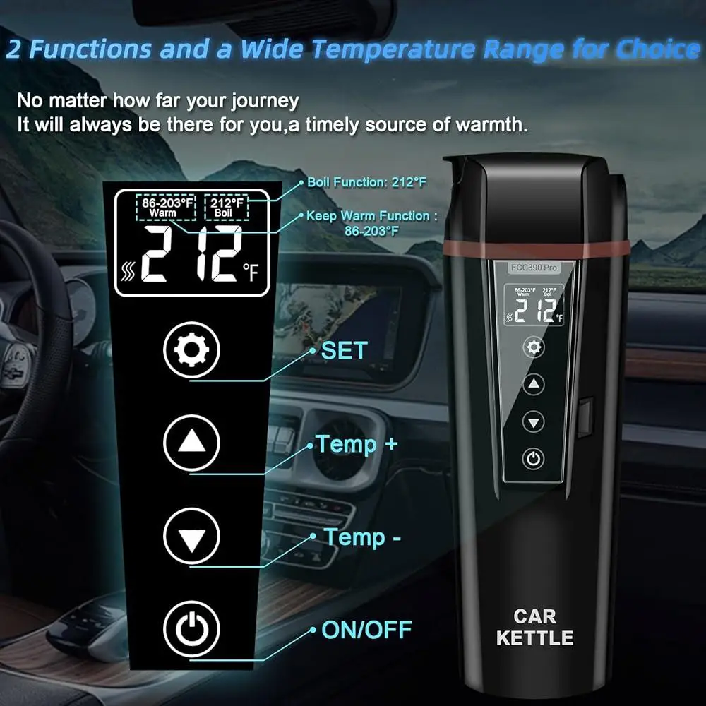12V 24V Portable Electric Kettle Water Boiler Car Travel Mug Multiple Temperature Control Digital Display Safe Heating Cup