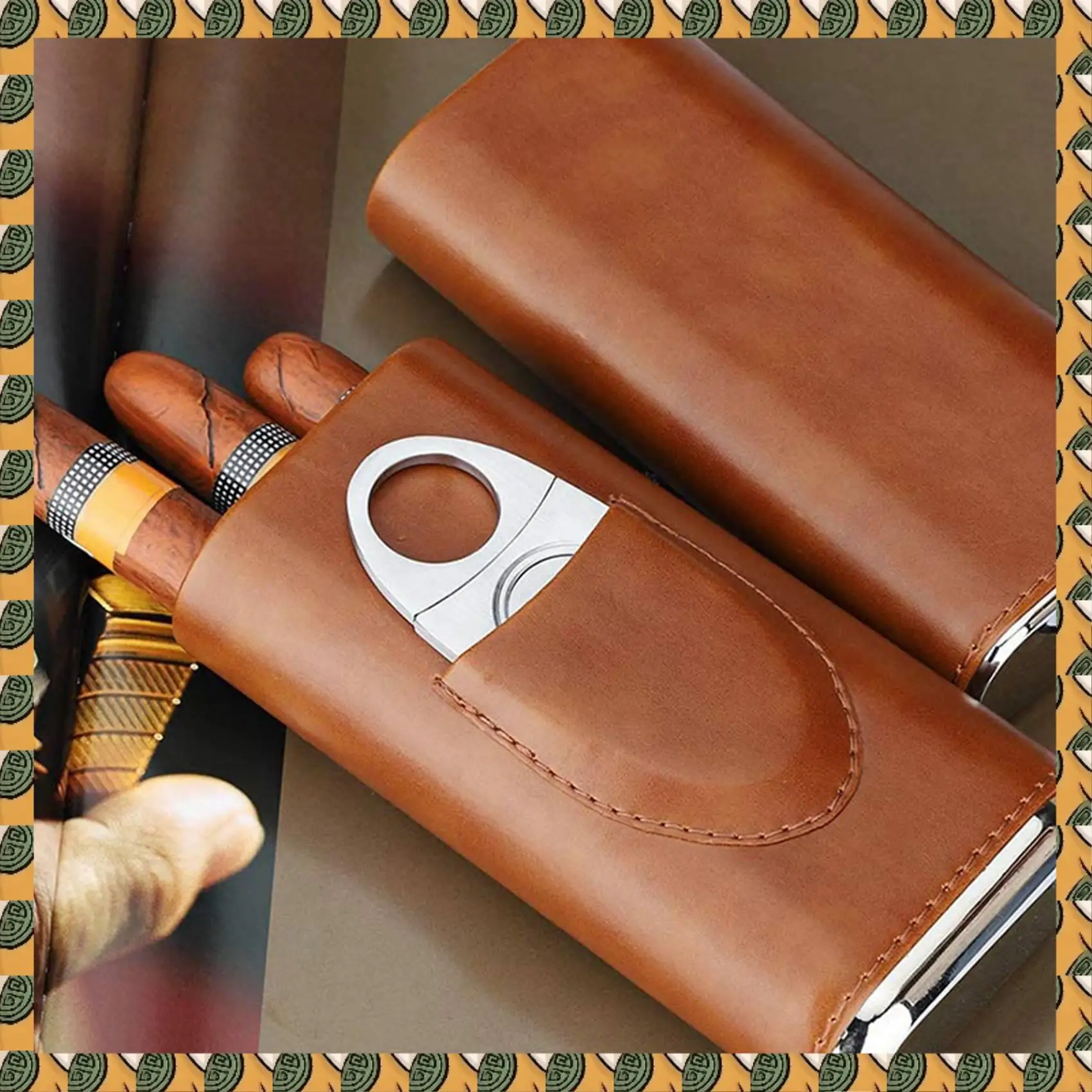 

A77I 3X High Quality 3-Finger Humidors Portable Cigar Box Brown Cigar Leather Case With Cigar Cutter