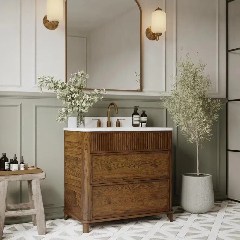 Custom Solid Wood Oak Veneer Bathroom Vanity with Quartz Countertop Single Sink Striped Groove Design Modern Style Cabinet