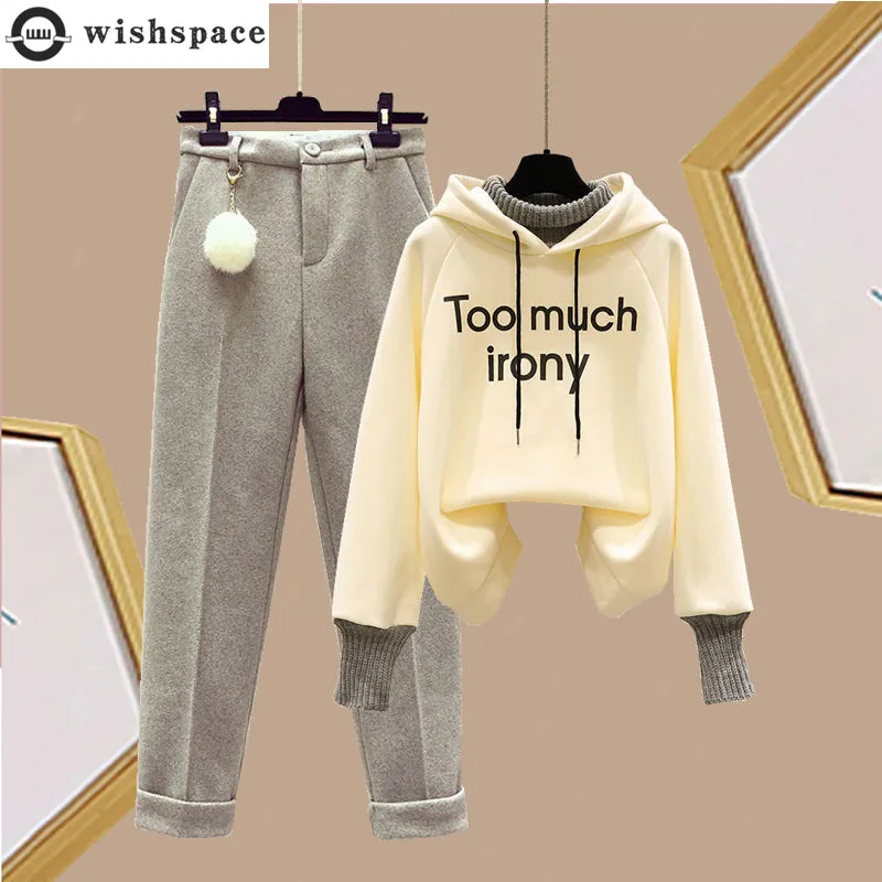 Autumn Winter 2022 New Korean Popular Sports Hoodie Flocked Woolen Pants Two Piece Elegant Women's Pants Set Student Sports Suit