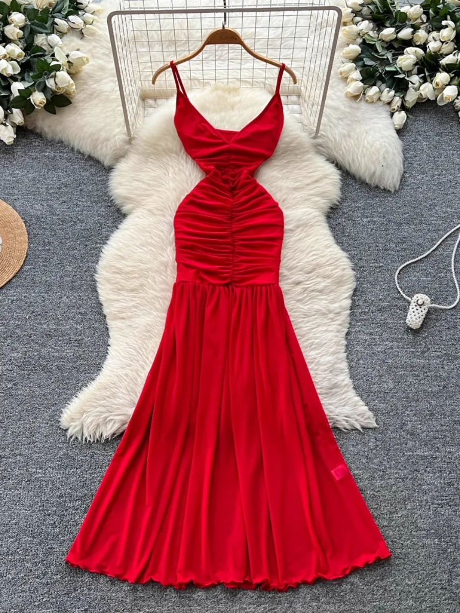 

Foamlina, сексуальное длинное платье с рюшами и завязками на талии, женское длинное платье на подтяжках, лето 2022, новое сетчатое лоскутное платье макси, модное праздничное платье