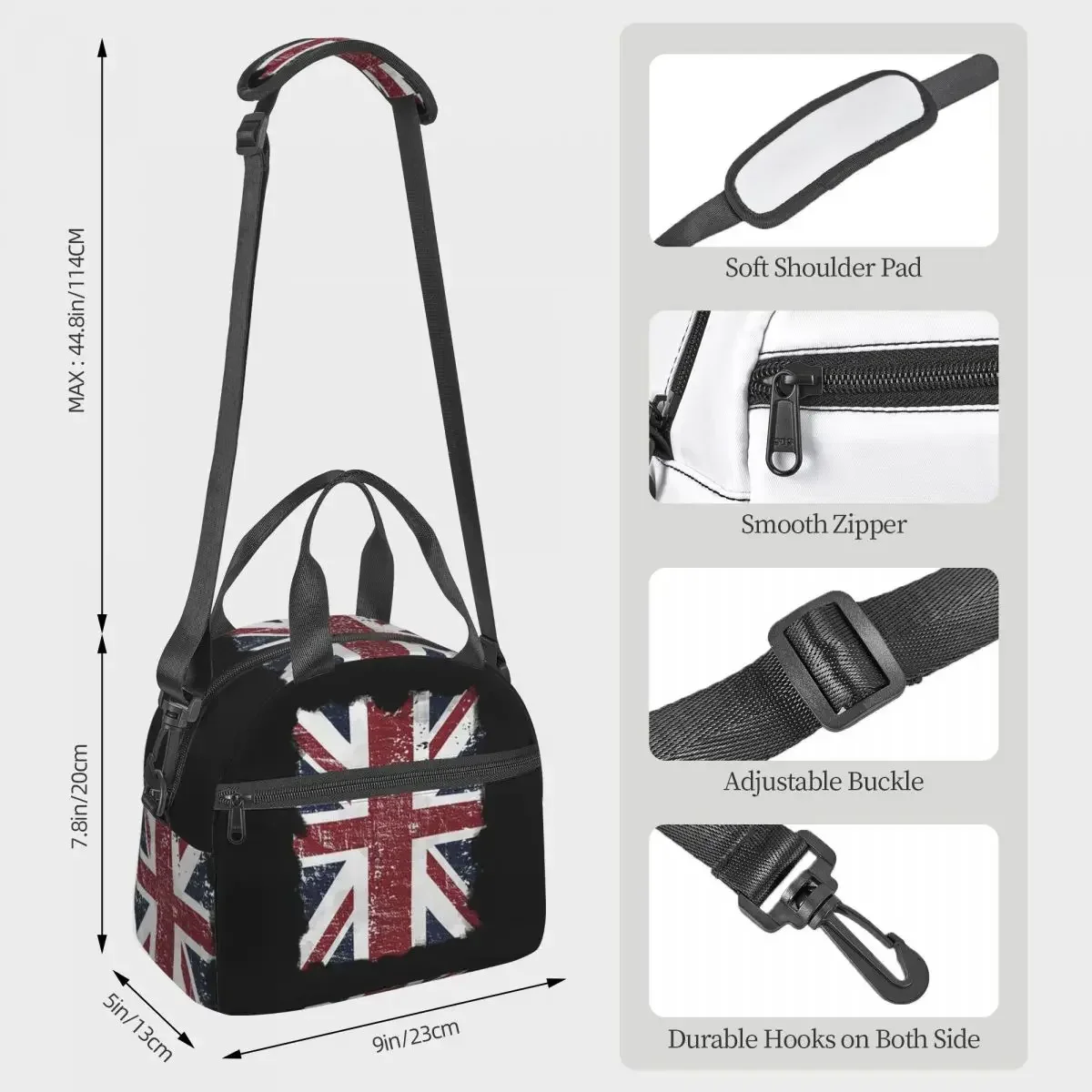 Distressed British Flag Black Grey Union Jack Face Mask UK Insulated Lunch Bag for Kids School Cooler Thermal Box Lunch Boxes
