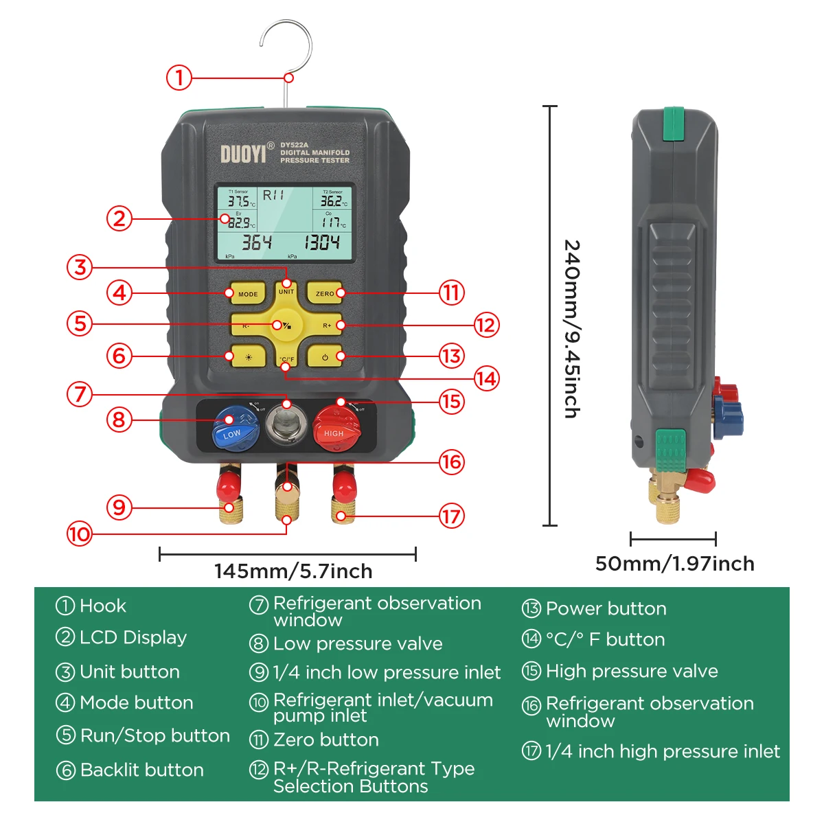 DUOYI 522A Messgerät für Klimaanlagen-Vakuum, Kältemittel-HVAC-Vakuumdruck-Digital-Manometer, Temperatur-Tester-Set – Detail 8