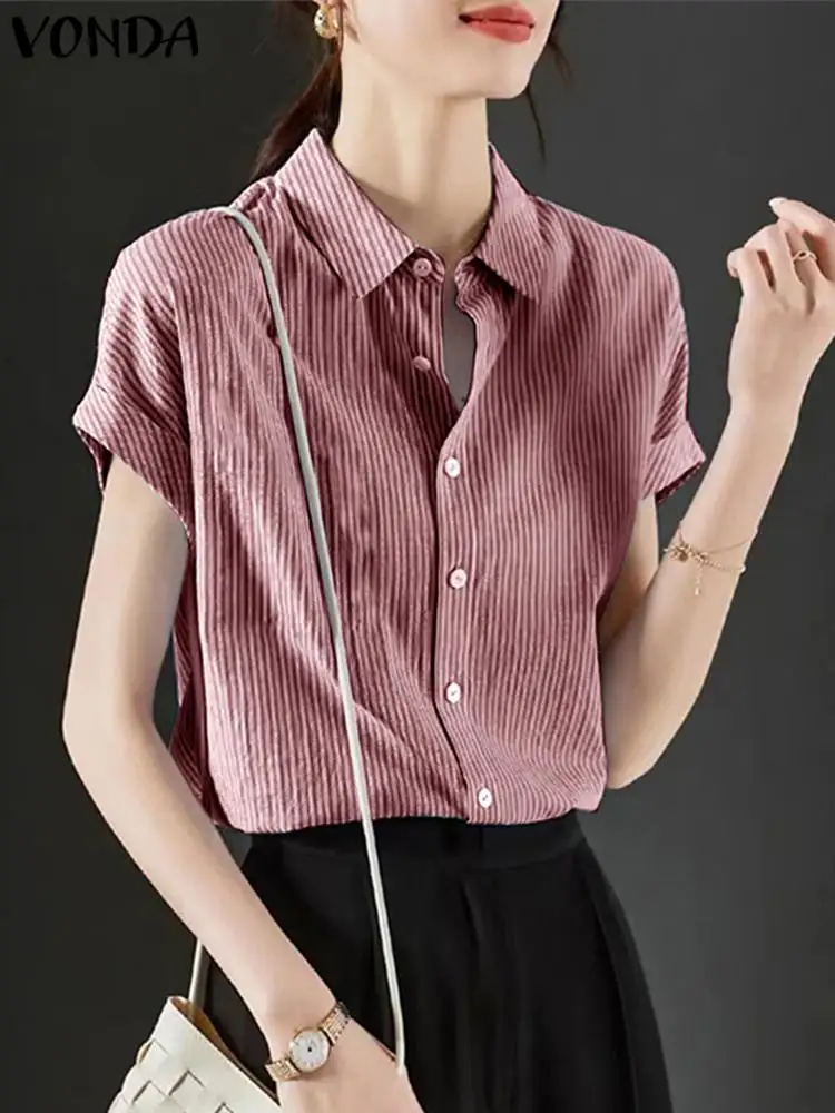 VONDA 2024 Summer Casual Shirts Women Striped Blouses Fashion Lapel Short Sleeve Button Down Tunic Tops Loose Blusas Femininas